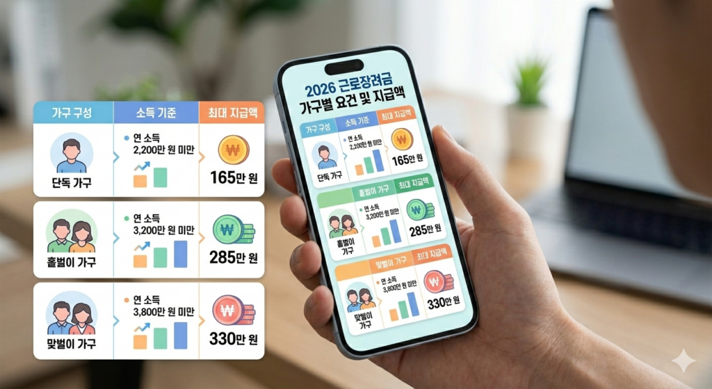 2026년 근로장려금 가구유형별 소득 기준 및 최대 지급액 안내 도표 (단독 165만원, 홑벌이 285만원, 맞벌이 330만원)