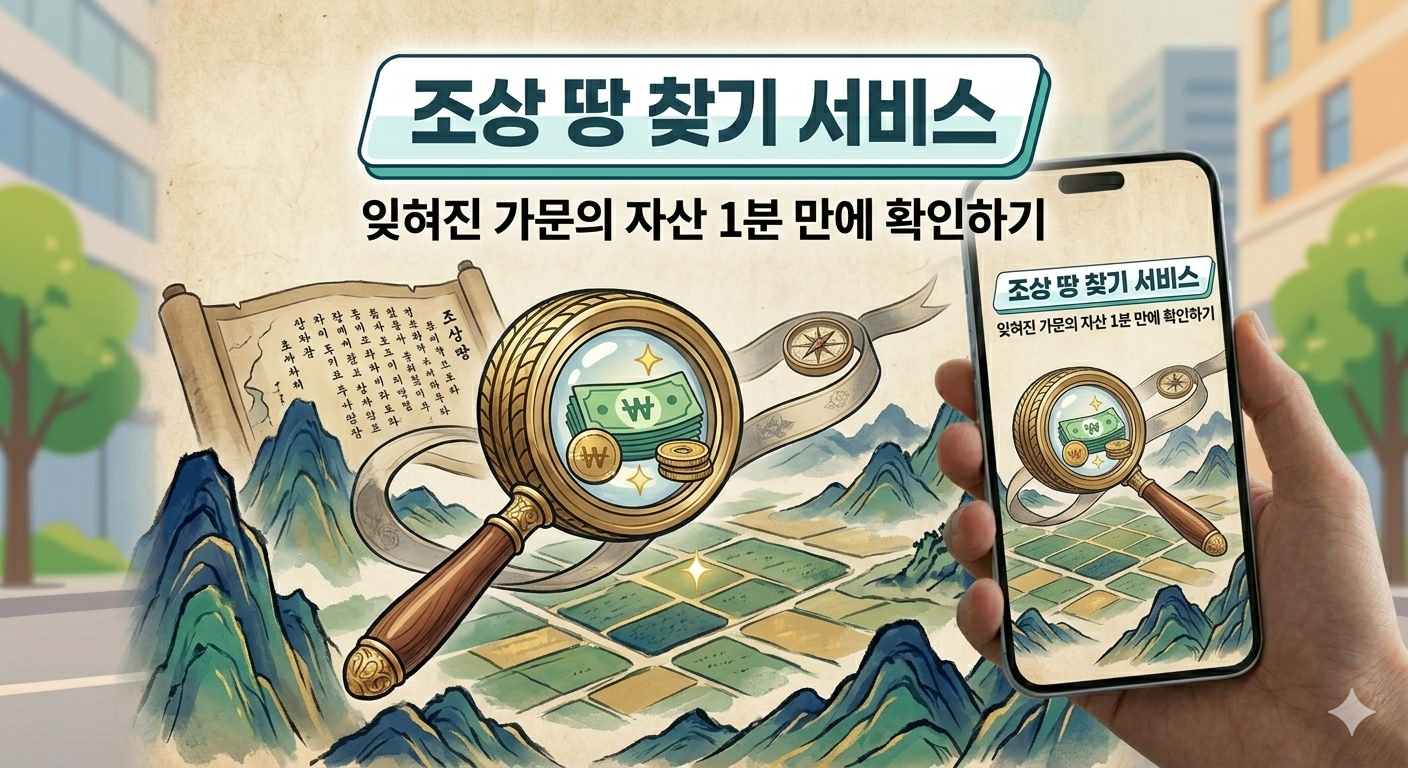 전통적인 한국 지형도와 돋보기를 들고 보물을 찾는 듯한 고풍스러운 동양화 스타일의 일러스트