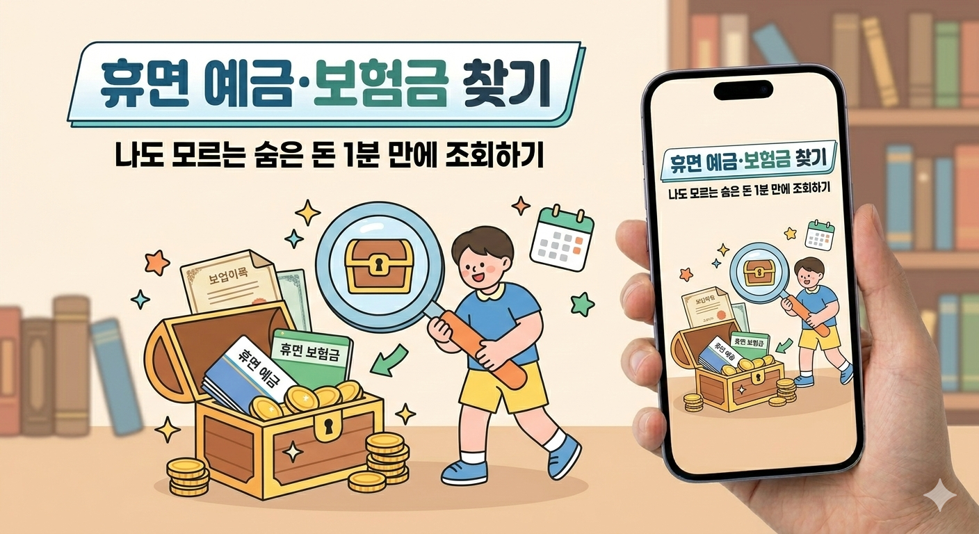 돋보기를 들고 보물 상자 속의 돈을 찾는 귀여운 캐릭터와 휴면 예금 조회 안내 문구가 적힌 일러스트