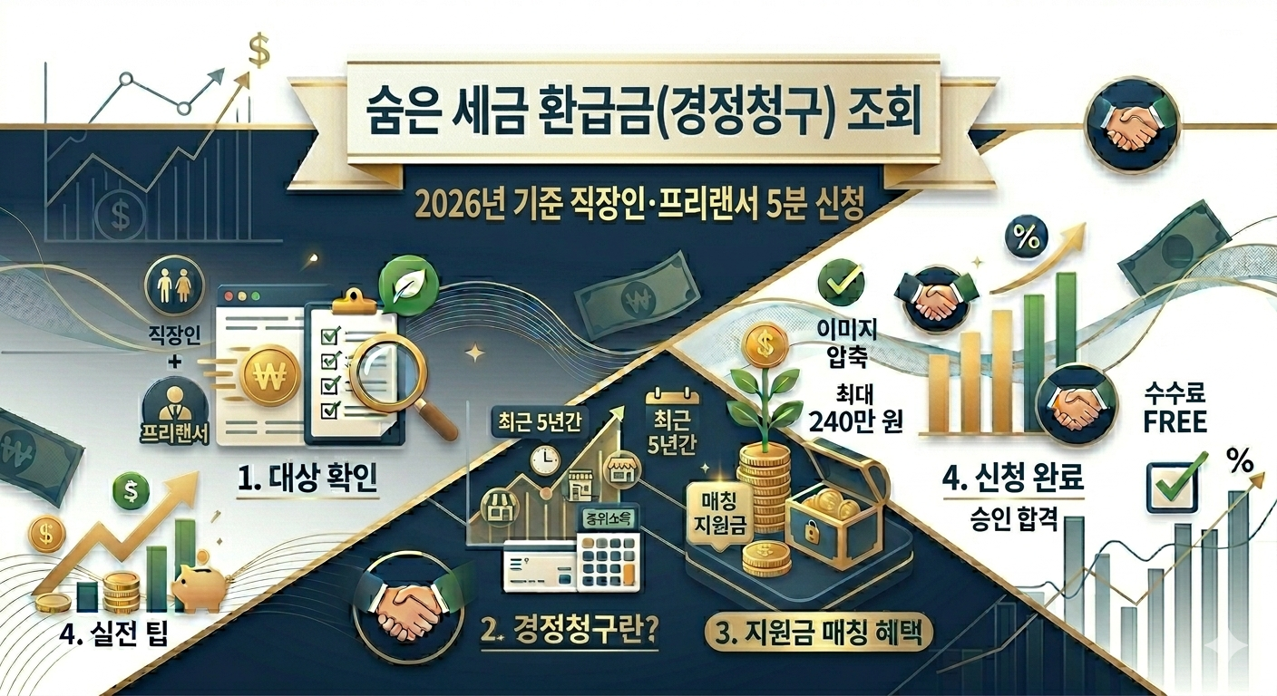 2026 숨은 세금 환급금 조회라는 문구와 함께 스마트폰으로 홈택스에 접속해 미수령 환급금을 확인하는 직장인의 모습을 담은 깔끔한 금융 정보 인포그래픽