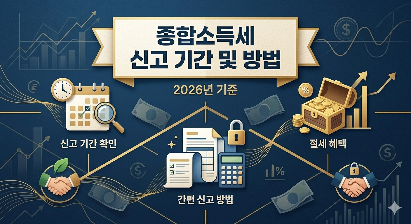 2026년 종합소득세 신고 기간 및 방법이라는 한글 문구가 적힌 고급스러운 세무 가이드 일러스트. 계산기와 서류, 금전적 혜택을 상징하는 아이콘들이 입체적이고 현대적인 레이아웃으로 배치된 30번째 글용 고퀄리티 이미지