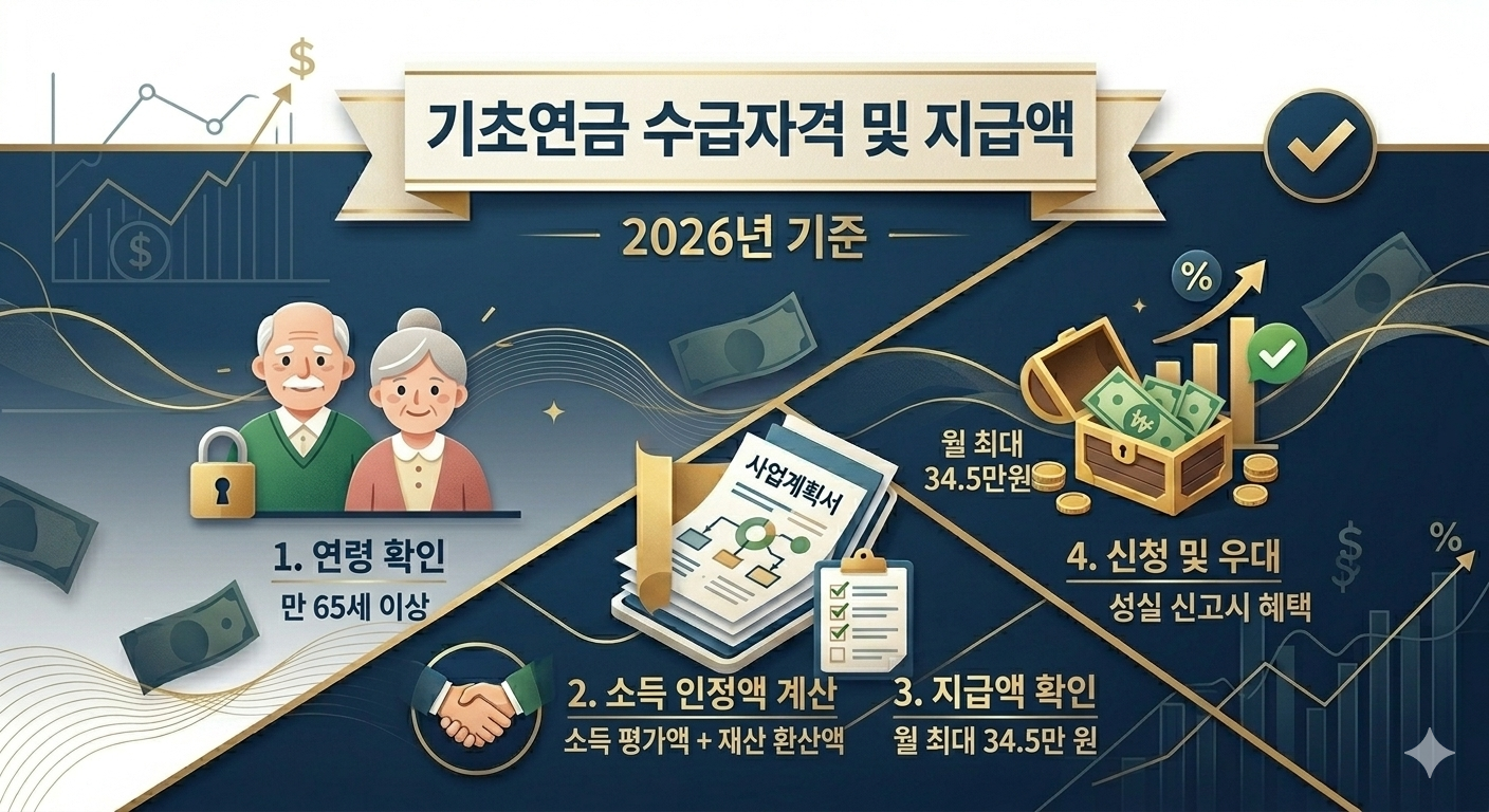 2026년 기초연금 수급자격 및 지급액 총정리라는 한글 문구가 적힌 품격 있는 복지 가이드 이미지. 따뜻한 노후를 상징하는 햇살 배경과 돋보기로 꼼꼼히 살피는 서류, 연금 지급 아이콘이 세련된 잡지 레이아웃으로 배치된 32번째 글용 이미지