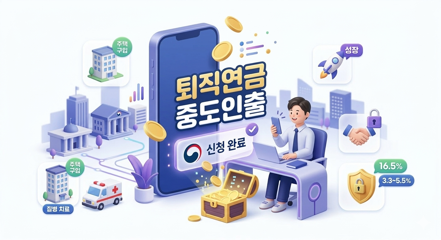 한글로 '퇴직연금 중도인출'이라고 크게 적힌 크고 선명한 문구 아래, 2026년 청년이 스마트폰 앱을 통해 인출 신청을 완료하고 기뻐하는 모습과 친환경적인 활력을 상징하는 그린 포인트가 포함된 3D 일러스트