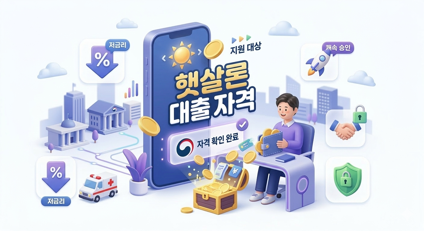 2026년 한 서민 청년이 스마트폰 앱을 통해 '햇살론 대출 자격 확인 완료' 메시지를 확인하고 기뻐하는 모습.