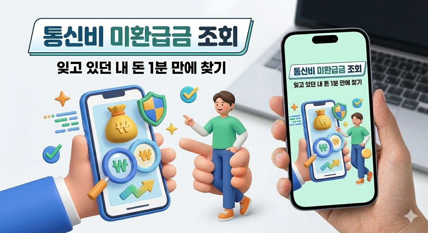 스마트폰 화면에서 코인이 쏟아지는 3D 일러스트와 통신비 미환급금 조회 안내 문구
