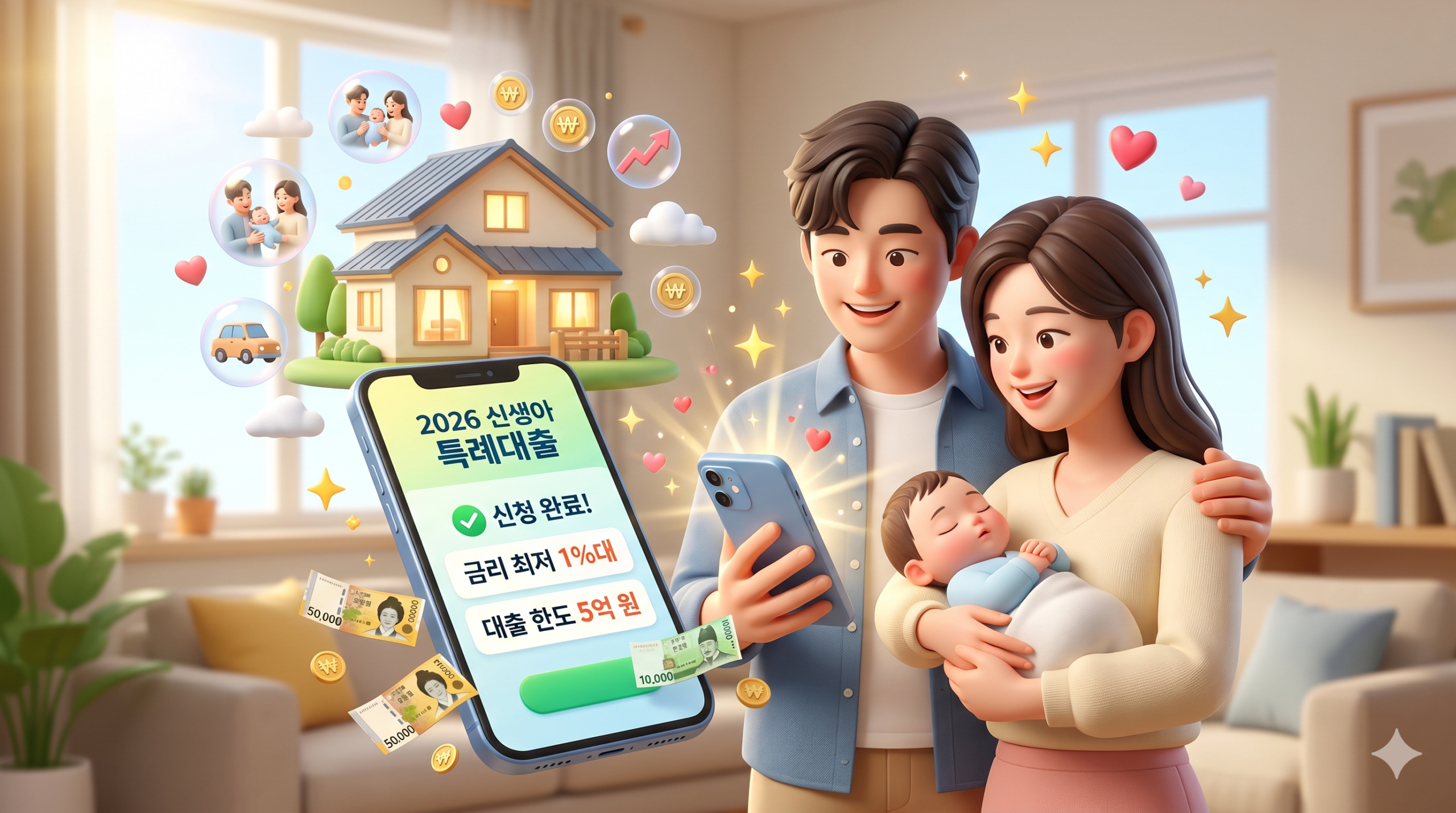스마트폰 화면에 신생아 특례대출 신청 완료 창과 함께 1%대 최저 금리가 표시되어 있고, 배경으로 예쁜 내 집 마련의 꿈이 이루어진 모습을 표현한 3D 일러스트 이미지