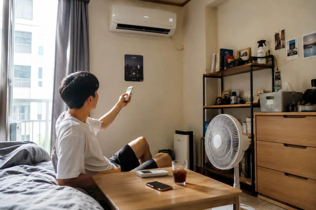 선풍기와 함께 에어컨을 사용하며 전기세를 절약하는 자취생 모습