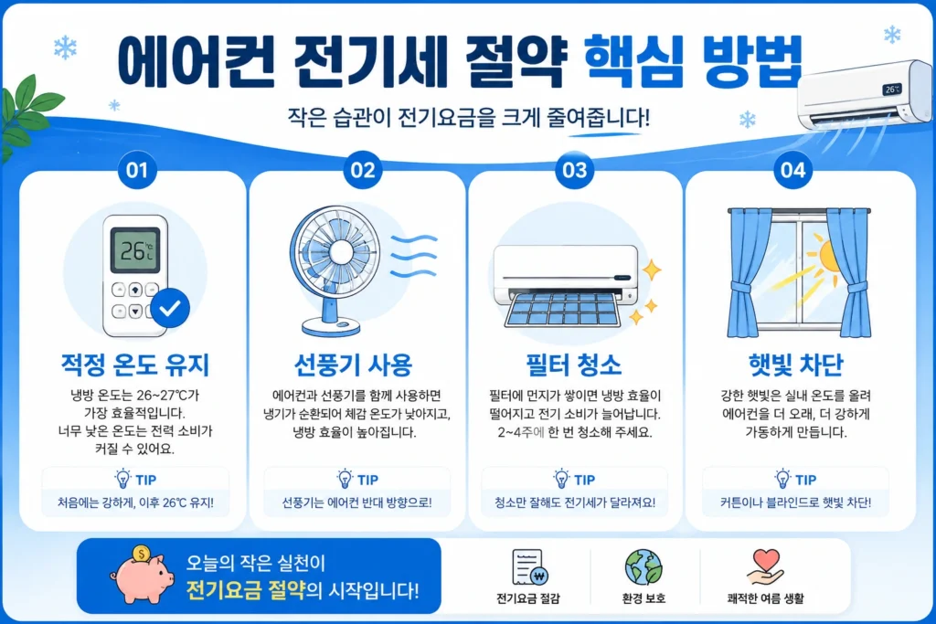 에어컨 전기세 절약 핵심 방법을 정리한 인포그래픽