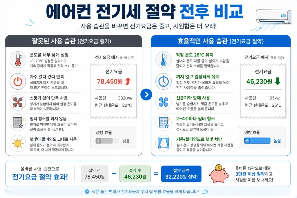 에어컨 사용 습관에 따른 전기요금 차이를 비교한 이미지