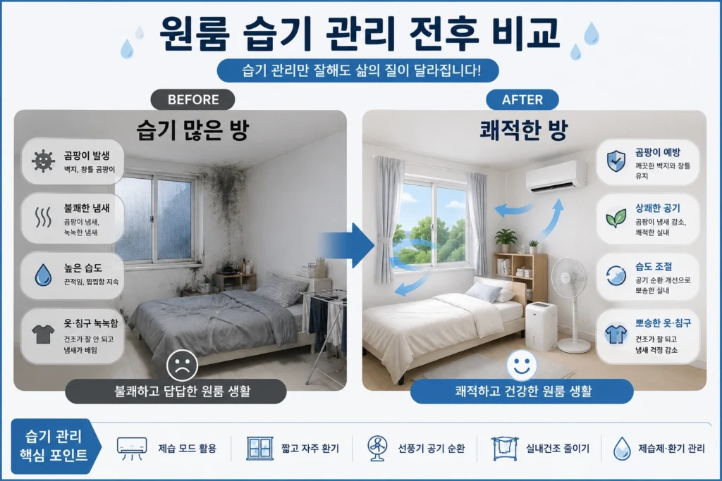 원룸 습기 관리 전후 차이를 비교한 이미지