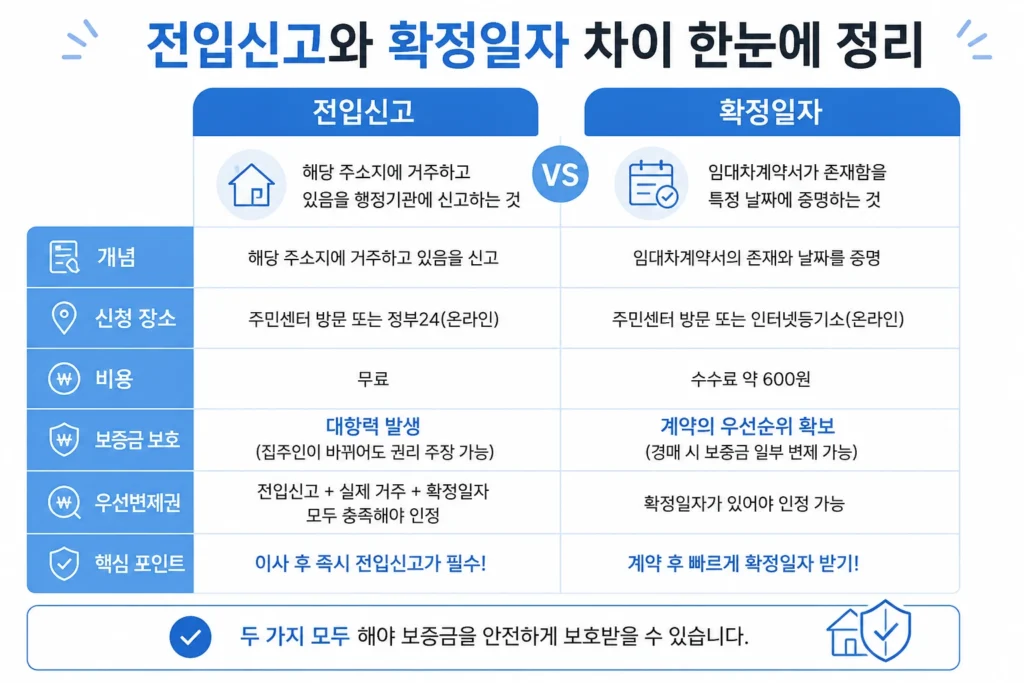전입신고와 확정일자 차이를 설명한 인포그래픽
