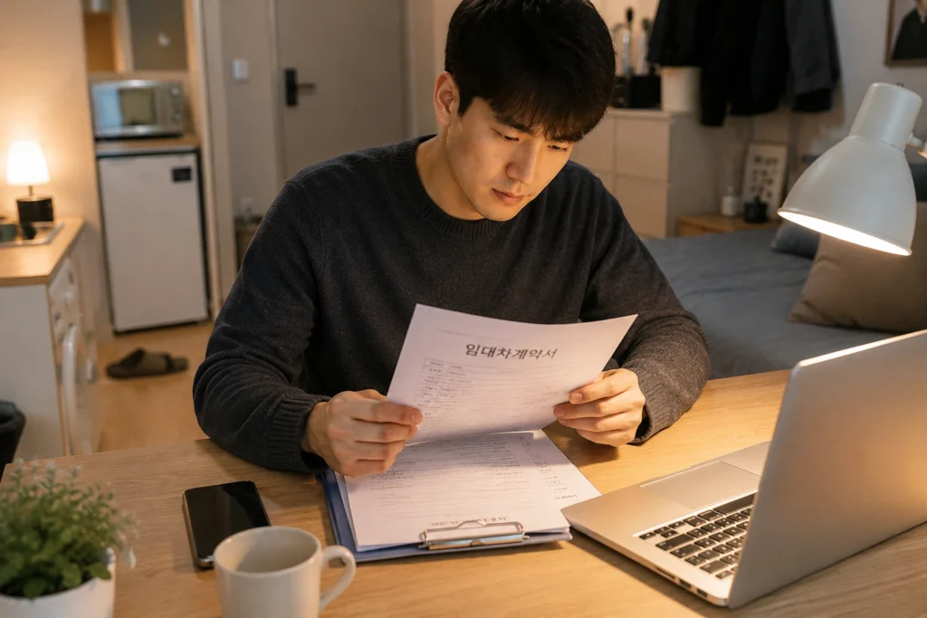 자취방에서 임대차계약서를 확인하는 청년