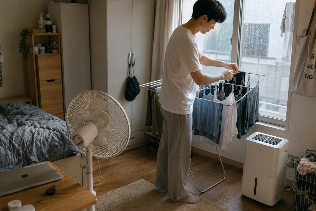 선풍기로 빨래를 말리며 장마철 냄새를 줄이는 자취생 모습