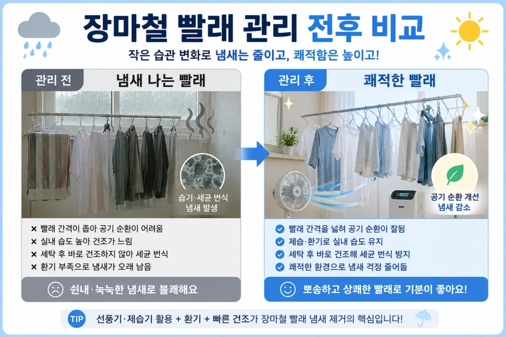 장마철 빨래 관리 전후 차이를 비교한 인포그래픽