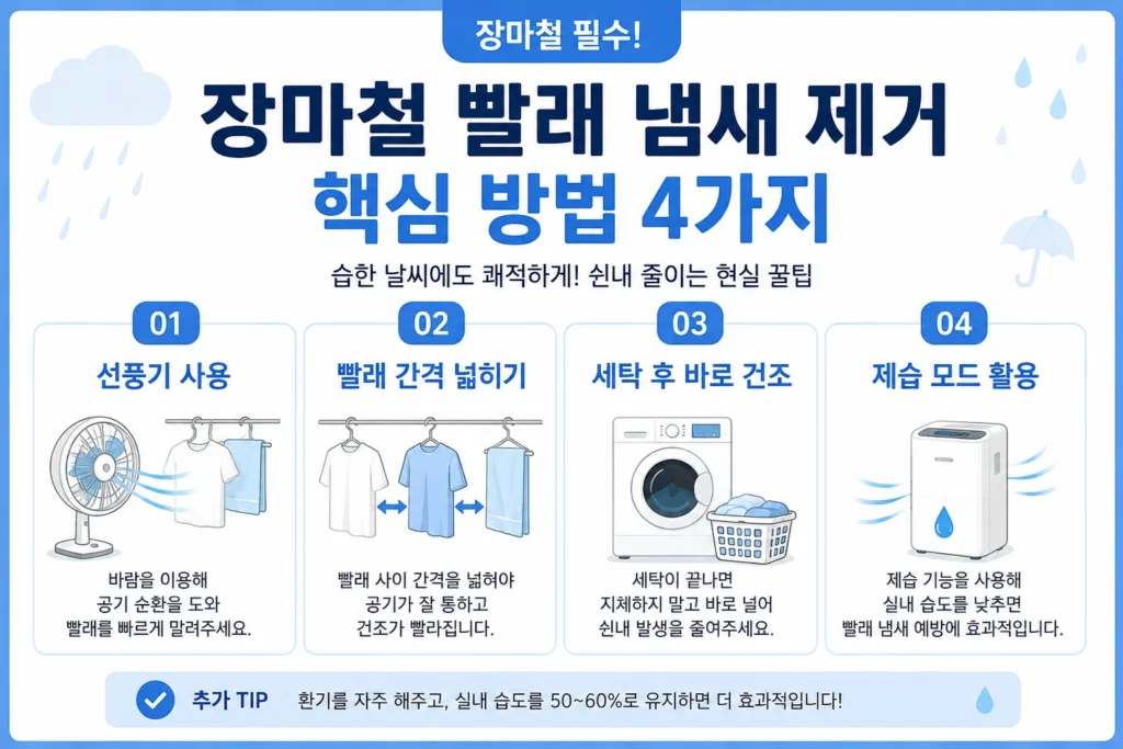 장마철 빨래 냄새 제거 핵심 방법을 정리한 인포그래픽