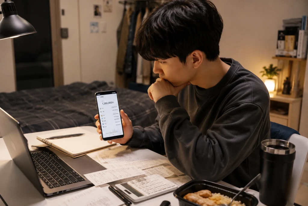 자취생이 원룸에서 가계부 앱으로 생활비를 확인하는 모습