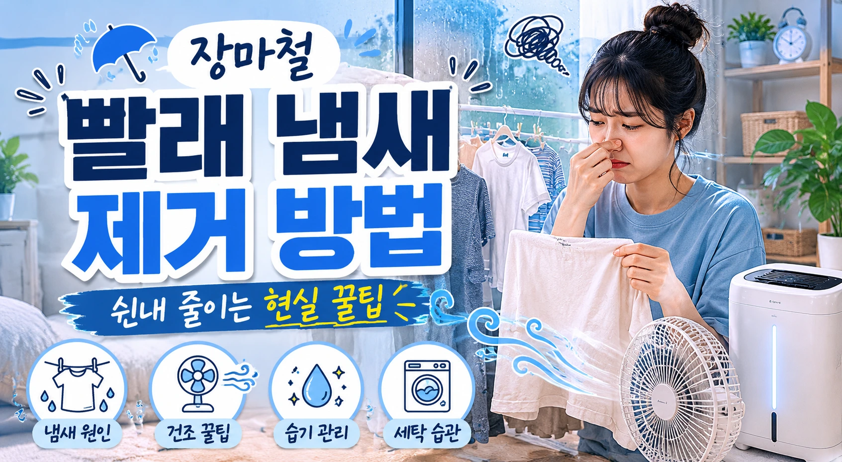 장마철 빨래 냄새 제거 방법을 정리한 자취방 이미지