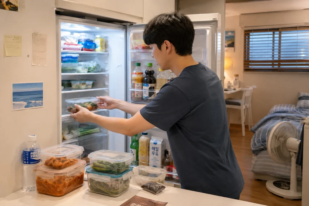 냉장고 음식과 밀폐용기를 정리하는 자취생 모습