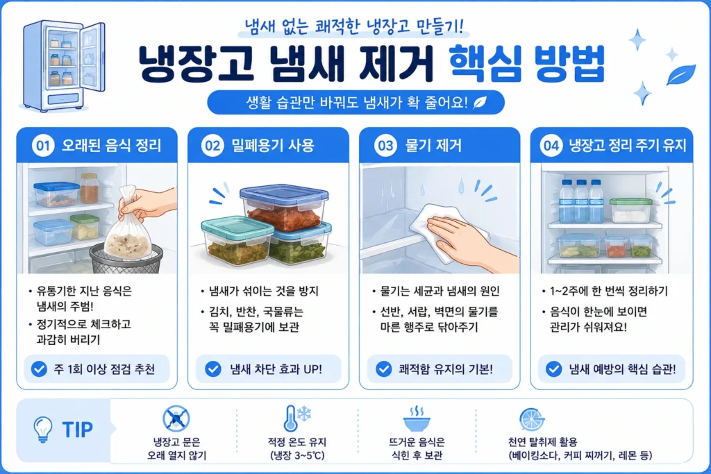냉장고 냄새 제거 핵심 방법을 정리한 인포그래픽