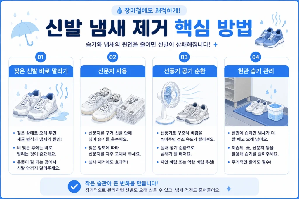 장마철 신발 냄새 제거 핵심 방법을 정리한 인포그래픽