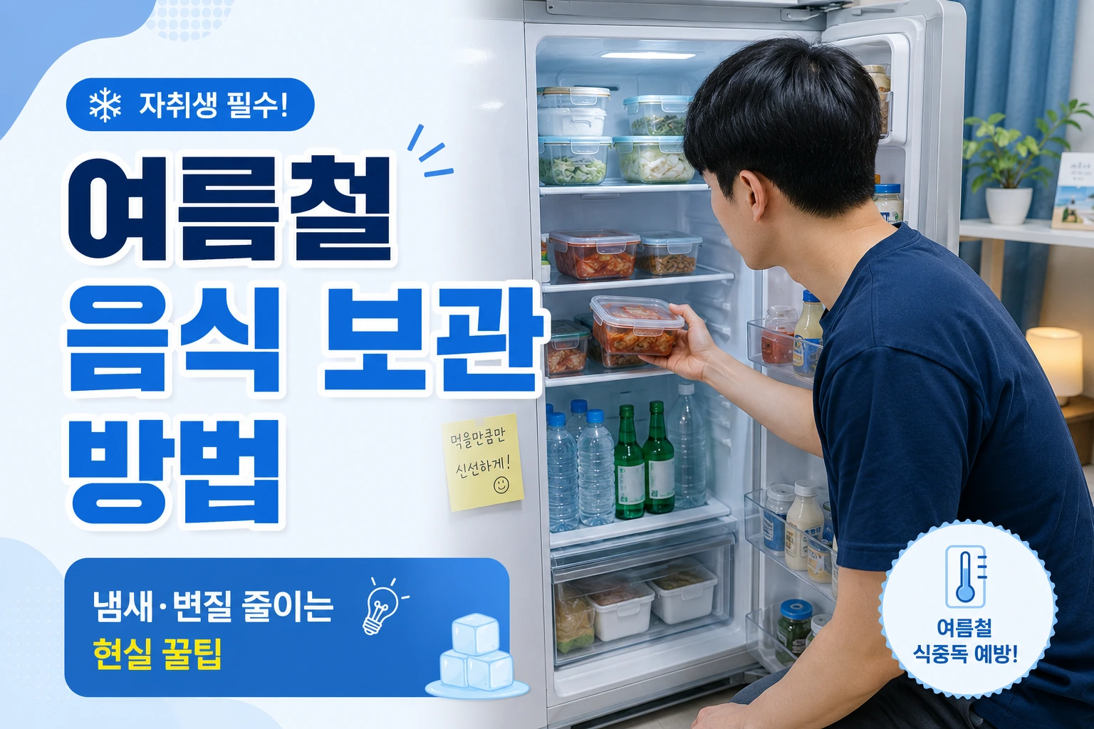 여름철 음식 보관 방법과 냉장고 관리 팁을 정리한 자취생 이미지