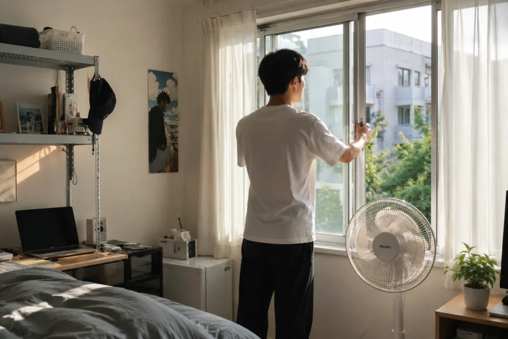 원룸에서 선풍기를 이용해 환기하는 모습