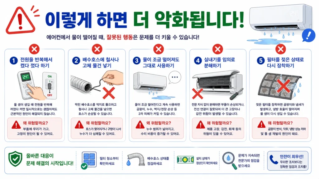 에어컨 물이 떨어질 때 하면 안 되는 행동 인포그래픽
