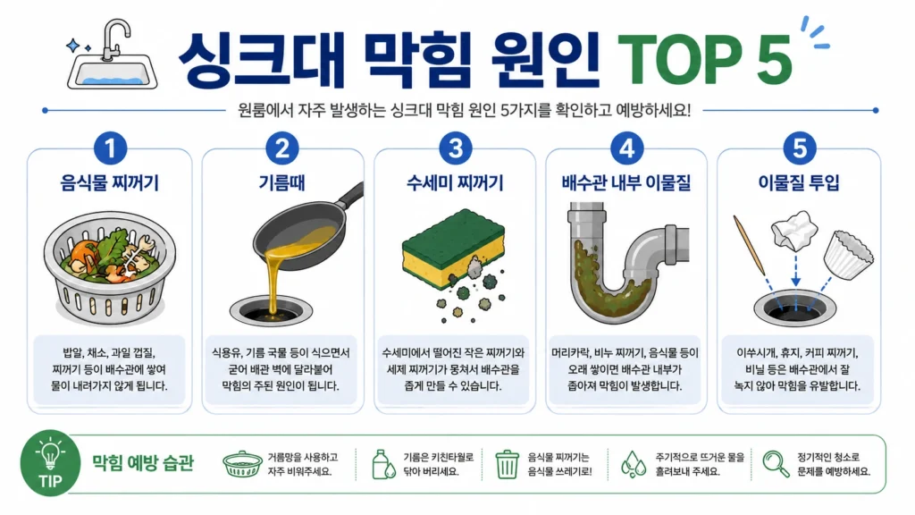 원룸 싱크대 막힘 원인 TOP5 인포그래픽