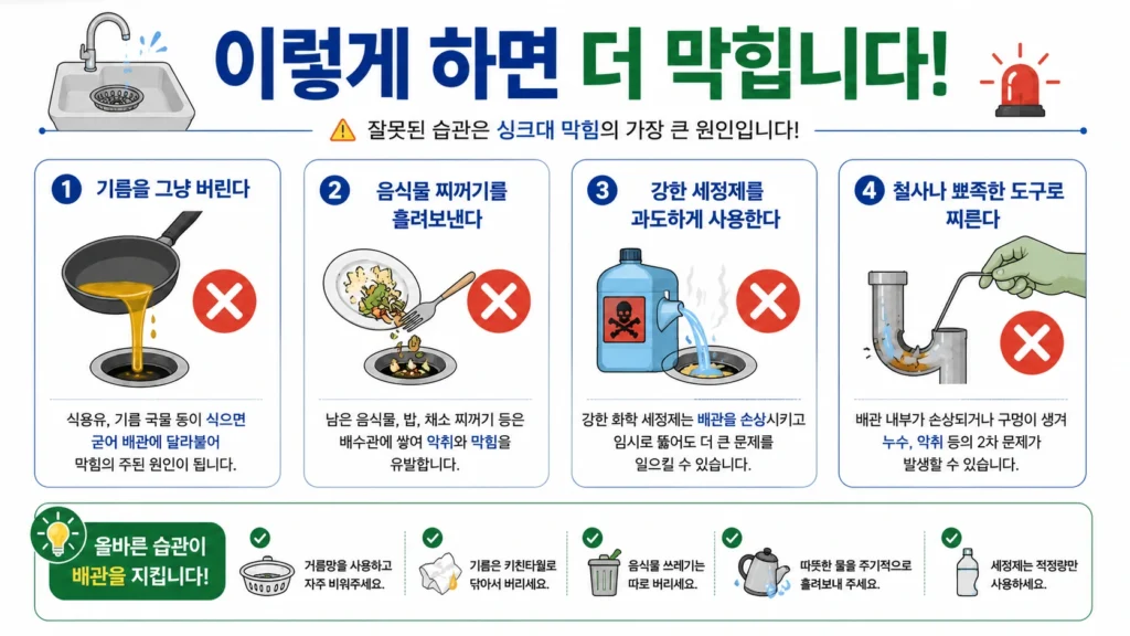 싱크대 막힘 시 하면 안 되는 행동 인포그래픽