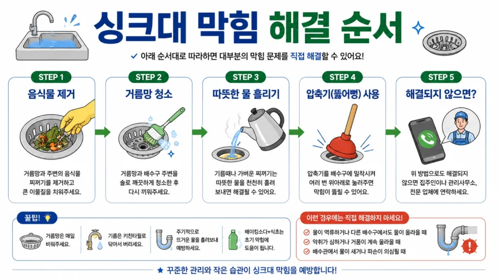 싱크대 막힘 해결 순서 인포그래픽