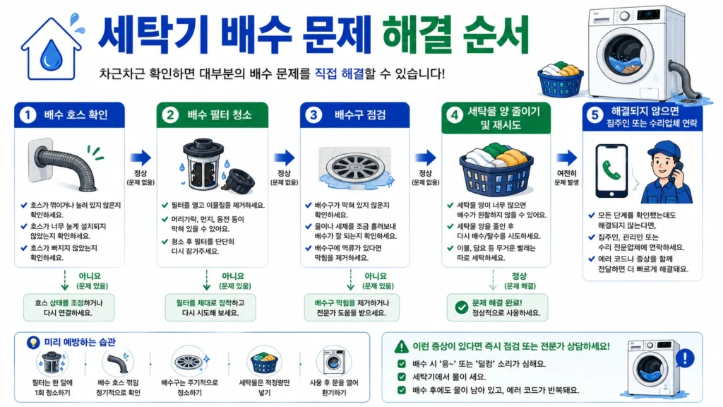 세탁기 배수 문제 해결 순서 인포그래픽